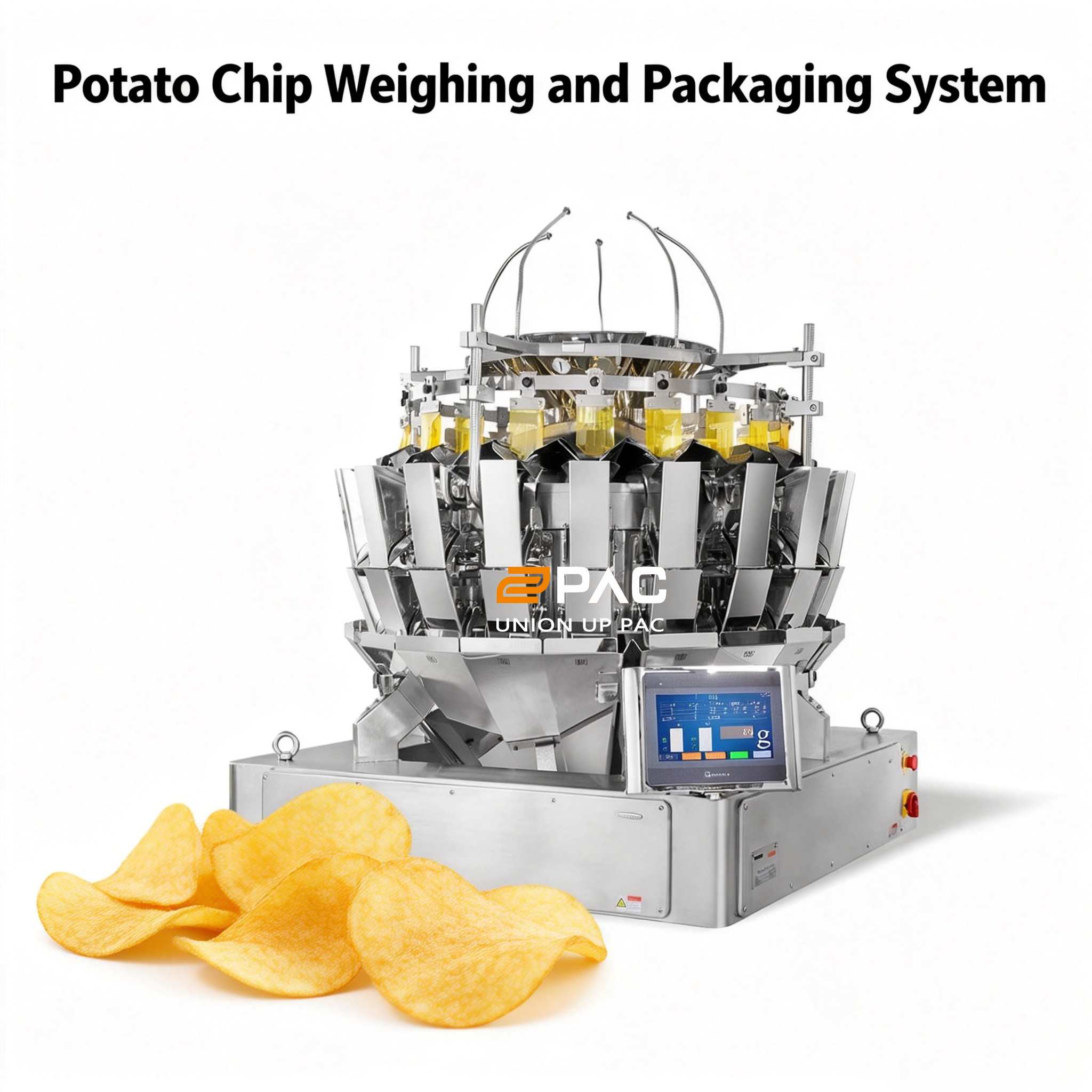 Sistema confiável de pesagem e embalagem de batatas fritas para linhas de produção de salgadinhos de alta velocidade.